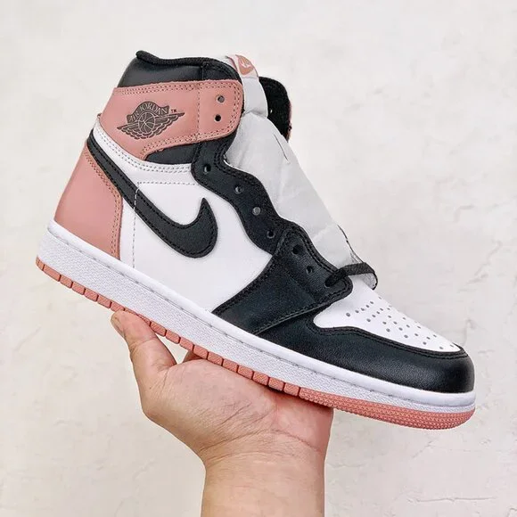 Nike Air Jordan 1 Retro High Og Black, White, And Rusty Pink Sneakers